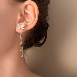 TseenYi Butterfly Earrings Stud Earrings Butterfly Chain Tassel Earrings Tassel Butterfly Crystal Earrings CZ Butterfly Chain Earrings for Women and Girls (Gold)