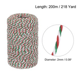 QUARKZMAN Cotton Rope Braided Cord, Red, Green and White, 200 m/218 Yards, 2 mm Diameter for Wall Decoration, Plant Hanging, Knitting, Macrame Knot