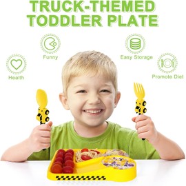 Deinyi Construction Toddler Plates - Toddler Eating Utensil Set with Removable Straw - Easter Gifts - Baby Plates Feeding Set - for Stocking Stuffers and Birthday Gifts - Yellow