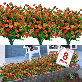TURNMEON 8Pcs Boxwood Artificial Fall Flowers Outdoor UV Resistant Fake Flowers,Faux Plastic Flower Greenery Shrubs Fall Plants for Indoor Outside Planter Home Garden Porch Fall Decor(Dark Orange)