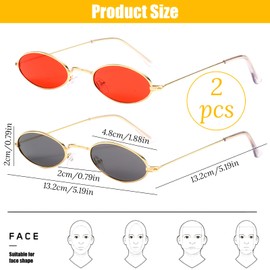 2 Pairs Vintage Oval Sunglasses, Retro Oval Sunglasses, Vintage Small Sunglasses, Small Oval Sunglasses, for Women, Girls, Men, Party, Photo Props, Costume, Grey, Red