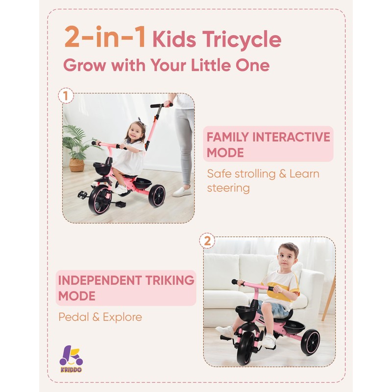 KRIDDO 2-in-1 Toddler Tricycle for Ages 18 Months to 5