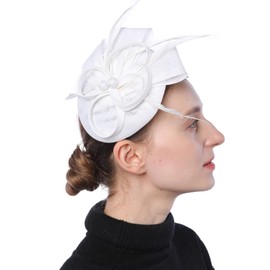 Coolwife Womens Fascinators Beaded Fake Sinamay Hat Feather Pillbox Derby Tea Party Church Hat (A White)