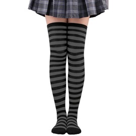 NOPNOP Striped Knee High Socks, 47 Patterns Available, Striped Over Knee Socks, Thigh High Tights, Black x Gray 30/Thin Border, Free size