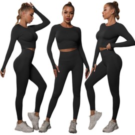 Workout Outfit for Women Two Piece Seamless Long Sleeve Crop Top & Yoga High Waisted Leggings Scrunch Butt Athletic Gym Set