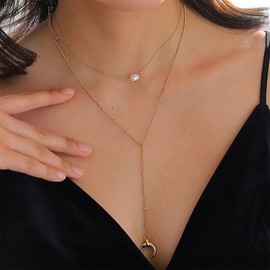 TseenYi Multilayer Moon Y Lariat Necklace Gold Pearl Choker Necklace Beadeds Chain Lariat Necklace Long Moon Y Drop Necklace Multilayer Pearl Crescent Moon Pendant Necklace for Women, Zinc, No