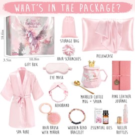 Golray Gifts for Teen Girls Kids -13 Pcs Teenage Girl Basket with Satin Pillowcase/Spa Robe/Journal/Mug, Christmas Birthday Gifts Set for Women Daughter Sister Tween Toy Age 10 11 12 14-18