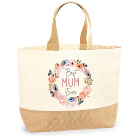 Lovely Mothers Day Shopper Bag - Best Mum Ever Flower Wreath - Jute Canvas X-Large Tote Bag - Mothers Day Mum Mom Mummy XL natural