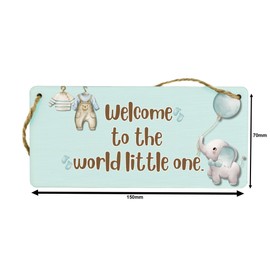 Welcome to the World Little One! Baby Boy Hanging Sign for Nursery Room - Elephant Theme with Baby Footprints, Baby Blue Colour - New Baby Gift