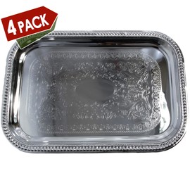 Maro Megastore 20.7-Inch x 14-Inch Oblong Rectangular Trim Floral Pattern Engraved Catering Chrome Plated Serving Plate Mirror Tray Platter Multi-Purpose Party Art Deco (Silver-Large) T156l-4pk