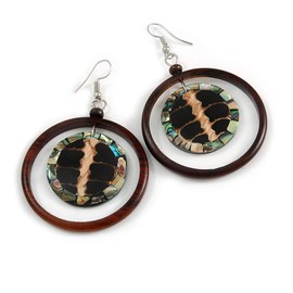 Brown Wood Hoop Earrings with Shell Element Silver Tone Closure - 70mm Long