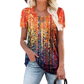 Womens T Shirt Criss Cross Lace-Up Neck Summer Tunic Tops Rainbow Shirt S