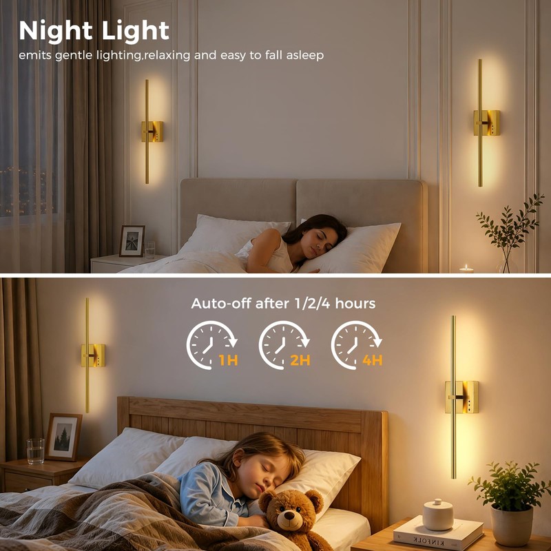 JUSHENG 5000mAh Battery Operated Wall Sconce, 3000K/4000K/6000K Dimmable Brass Cordless