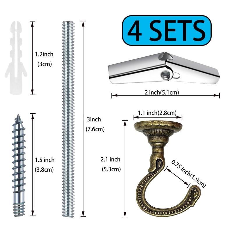 Evsteluo 4 Sets Large Swag Ceiling Heavy-Duty Hooks with Complete