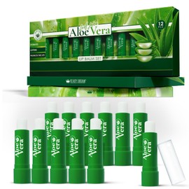 Set of 12 x Lip Balms Aloe Vera Long Lasting Moisturizing Lip Care Unisex Full Size Display Box UK Beeswax Vitamin E Omega-3
