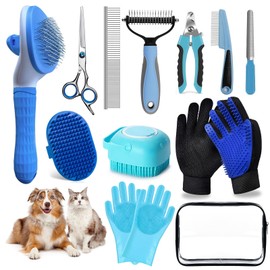 Dog Brush, 13Pcs Pet Grooming Kit with Deshedding Brush for Dogs and Dog Nail Clippers, Cat Grooming Supplies with Pet Hair Removal Gloves, Dematting Comb Brush Shampoo Scrubber for Short & Long Haired Dogs / Cats