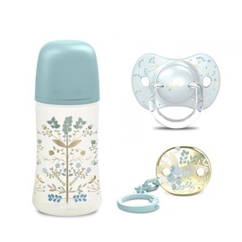 Suavinex Gold Edition Gift Set, Bottle 270 ml, Dummy 0-6 m and Clip, Light Blue