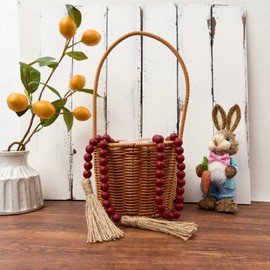 OMISHE 59in Wood Bead Garland with Tassels, Decorative Beads Decor, Farmhouse Wooden Beads Garland for Wall Hanging Home Festival Decor, Burgundy, Wind Red