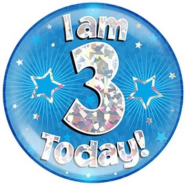 OAKTREE UK 633353 6" Jumbo Badge I am 3 Today Blue Holographic Cracked Ice