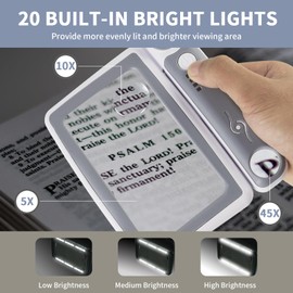 Magnifying Glass with Light, 5X 10X 45X Rechargeable Page Magnifier for Reading with 20 LED Light, 3 Modes Folding Lighted Magnifying Glass Handheld for Seniors Low Vision (Gray & White)