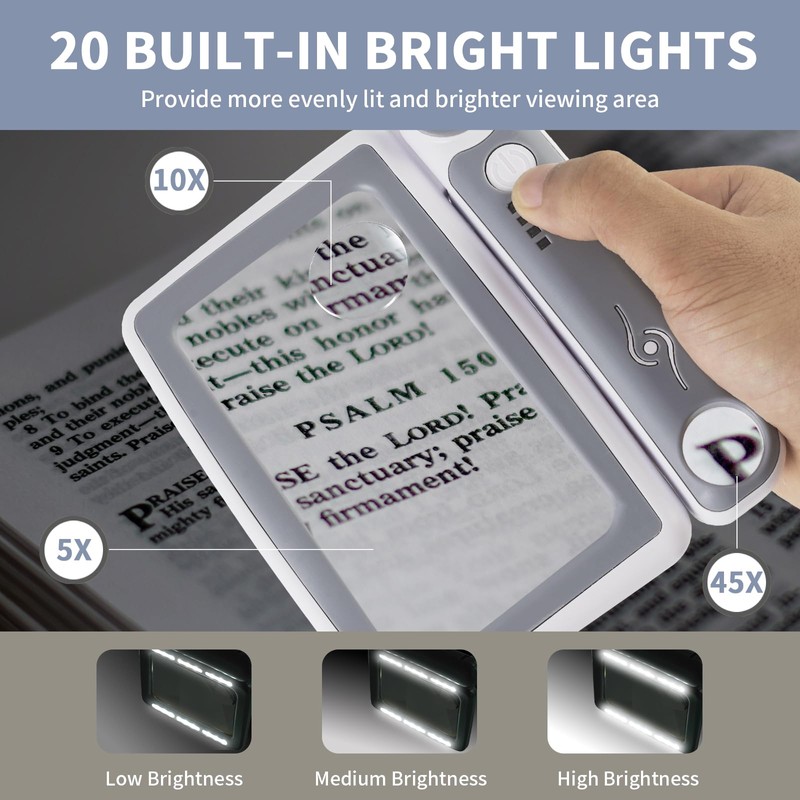 Magnifying Glass with Light, 5X 10X 45X Rechargeable Page Magnifier