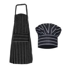 1 x black and white striped apron, 1 x chef's hat, cooking apron, waterproof and oil-resistant chef's overall, tie apron with pockets, cooking set, suitable for kitchen, restaurant, café, Black and