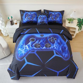 ZSYAYAHA Game Controller Comforter Set for Boys Twin Size 6 Pcs Black Blue Games Bedding Set for Kids Classic Bright Geometric Stereoscopic Teens Gaming Bed in A Bag