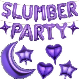 Slumber Party Supplies for Girls Purple, 19 Pieces Pajamas Decorations with Moon Star Heart, Slumber Letter Foil Balloons for Girl Birthday Night Sleepover Spa Party Decoration
