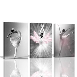 Girls Bedroom Decor Ballet Dancer Wall Pictures for Bedroom Black and White With Pink Home Decorations Artwork for Home Walls Pink Wall Art for Bedroom 3 Pieces Canvas Art Set Framed 12x16inchx3pcs