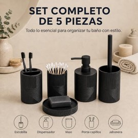 Set de Accesorios para Baño 5 Piezas Estriado Contemporáneo, Juego de Baño con Dispensador de Jabón, Porta Cepillos, Vaso, Jabonera y Escobilla para