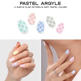 Adora Couture Semi Cured Gel Nail Strips with 20 Pieces, Salon Quality Nail Wraps for Women, Pastel Argyle Pattern UV Gel Nail Stickers, UV Light Required, Pastel Argyle