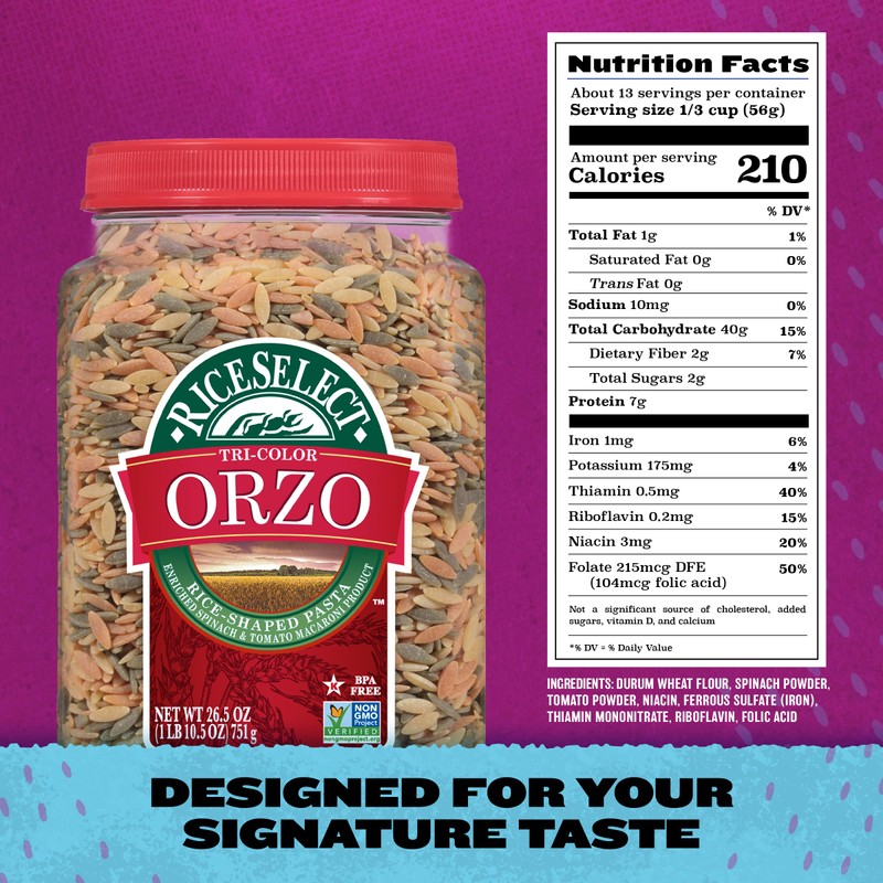 RiceSelect Tri-Color Orzo Rice-Shaped Pasta, Premium Spinach- and Tomato-Flavored Non-GMO
