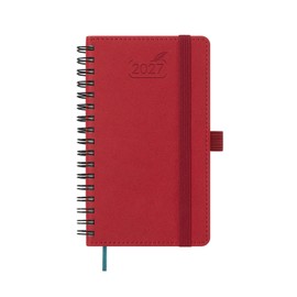 BEZEND Pocket Diary 2027 A6 Week to View Spiral 15.5 x 9 cm. Horizontal Weekly Planner with Pen Holder & Inner Pocket, Slim Appointment Diary for Work Travel Home, Vegan Leather Softcover, Red