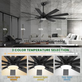 62 Inch Ceiling Fan with Lights and Remote, Black Reversible Modern Indoor/Outdoor Fan, Quiet 9-Blade Dual Finish DC Motor, 6 Speeds, 3CCT Dimmable LED Light for Bedroom Living Room Kitchen Patio