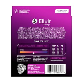 Elixir Cuerdas Strings de bronce fosforado para guitarra acústica con tecnología NANOWEB, luz personalizada (.011-.052), paquete de 4 unidades especia