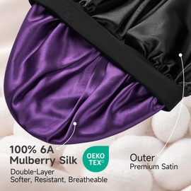 22 Momme 100% Real Mulberry Silk Bonnet for Sleeping Women, Large Hair Care Bonnet for Long Curly Hair, Double Layer Silk Hair Wrap with Soft Elastic Band, Non-Slip Sleep Cap, Black+Purple