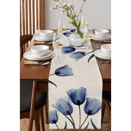 Gavrelixora Blue Tulip Table Runners 72 Inches Long, Rustic Spring Floral Coffee Table Runner, Summer Botanical Farmhouse Tablerunners Decorative Dress Scarves for Kitchen Island/Dining Table 13"x72"