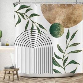ASDCXZ Boho Shower Curtain 180x200 cm, Modern Abstract Art Boho Style Retro Sun Green Leaves White Bath Washable Shower Curtains Polyester Textile Waterproof Bath Curtain for Bathtub with 12 Hooks