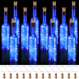 Rtteri 12 Sets Small Empty Wine Bottles with Cork Lights Centerpiece and 30 LED Battery Operated Cork Lights for Birthday Wedding Party Decoration(375 ml,Blue Bottle)