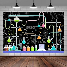 Chemical Science Fun Birthday Backdrop, Black Mad Scientist Chemical Experiments Party Decoration Background for Girl Boy, Colorful Beakers Measuring Cup Photography Background for School Class 10x8ft