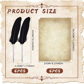 Feather Pen Set – 6 Black Vintage Feather Ballpoint Pens with 10 Sheets Double-Sided Thick Writing Paper, A4 Size, Elegant and Unique, Perfect for Writing, Crafts, Invitations, and Gifts