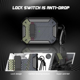 RFUNGUANGO for AirPods Pro Case Cover with Cleaner Kit, Military Hard Shell Protective Armor with Lock for AirPod Pro Charging Case, Front LED Visible, Carbon Fiber Ash