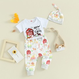BULINGNA Newborn Baby Boy Girl Farm Outfits New to the Farm Romper Country Animal Pants Hat 3Pcs Summer Clothes (White, 6-12 Months)