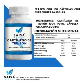 Cartlago De Tiburn  Suplemento Alimenticio 100 Puro  100 Cpsulas De 500 Mg Cu.  Saisa Herbal  Ayuda a huesos, articulaciones, salud sea               