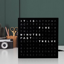 Stiles Word Clock, 8" by 8" Modern LED Desk Clock with USB Cable, Aluminum Clock with Words, Contemporary, Living Room, Bedroom, Home, or Office Lightup Decor, Black