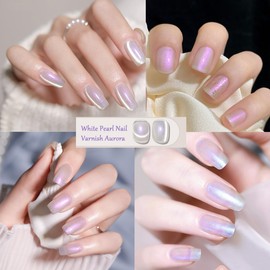 Pearl Nail Polish - White Nail Varnish Aurora Iridescent Shimmer White Mermaid Nail Drawing - Summer Glitter Quick Drying Nail Polish No Need Baking & Easy to Apply Nail Polish for Women