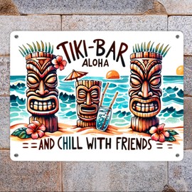Tiki Bar Aloha Metal Sign XL in 21 x 28 cm with Saying and Chill with Friends Tiki Bar Figures Tropical Beach Friendship Relaxed Experience Hawaii Caribbean