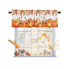 Fall Valances Curtain Orange Pumpkin Thanksgiving Kitchen Curtains Maple Leaf Autumn Window Valance Topper Curtain Window Treatment for Living Room Bedroom, 1 Panel 54x18 Inch