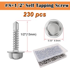 weideer 230pcs #8×1/2" Self Tapping Screws Sheet Metal Screws 410 Stainless Steel Hex Washer Head Self Drilling Screws Quick Tapping Screw with Screwdriver Bit K-132-13-230P-W