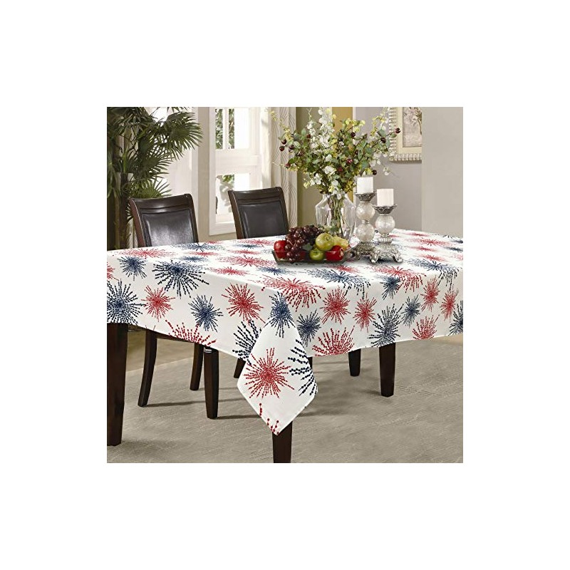 Red White Blue Celebration Fireworks Easy-Care Fabric Tablecloth (60"x84", White)